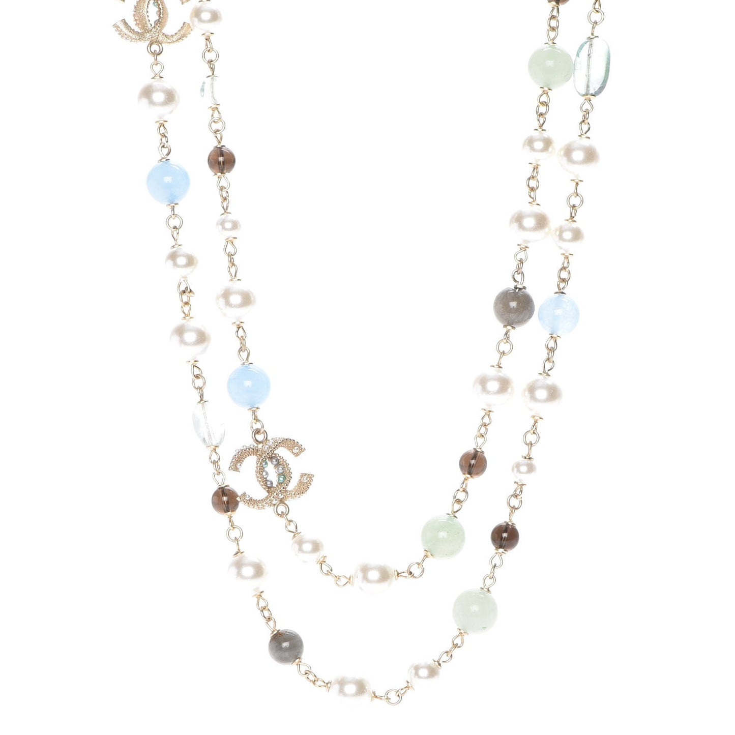 Pearl Beaded CC Long Necklace Gold Green Blue