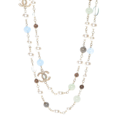 Chanel Pearl Beaded CC Long Necklace Gold Green Blue 1 of 4