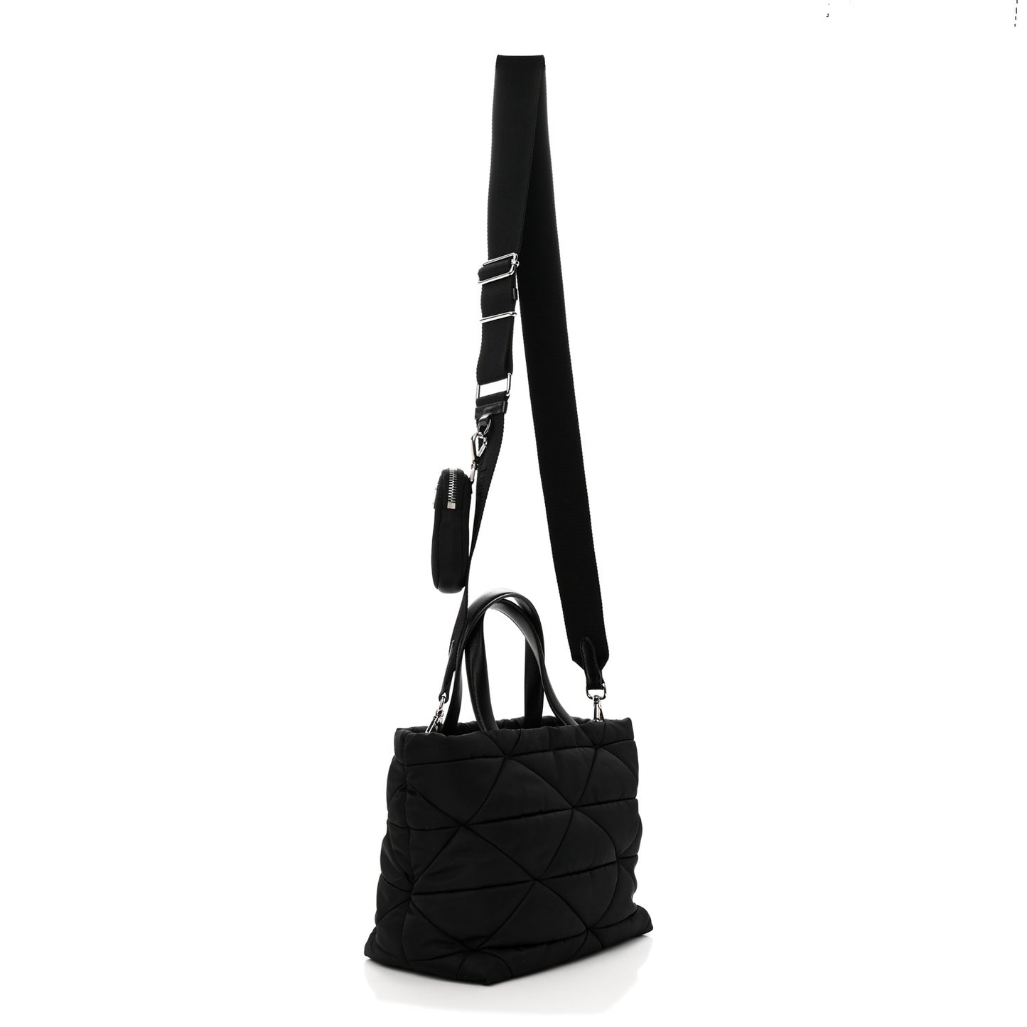 Re-Nylon Nappa Triangle Quilted Padded Double Handled Zip Pocket Tote Black
