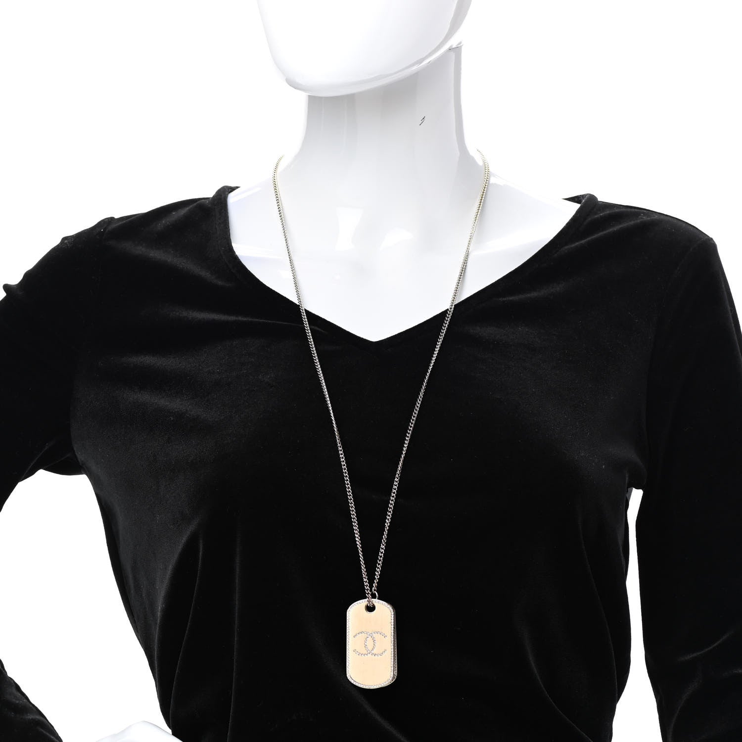 Chanel Metal Crystal Dog Tag Charm Necklace Gold 2 of 7