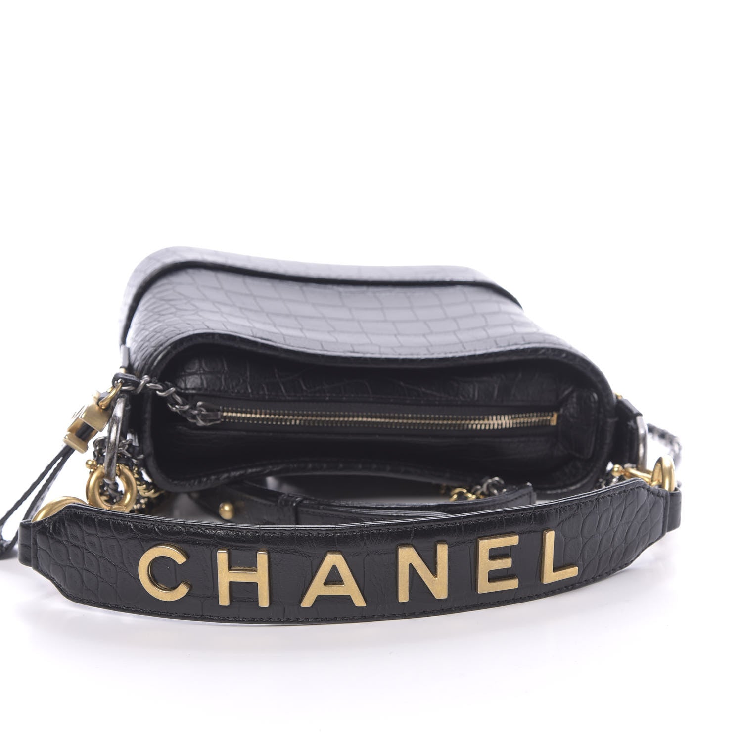 Chanel Calfskin Crocodile Embossed Small Gabrielle Cocodile Hobo Black 11 of 12