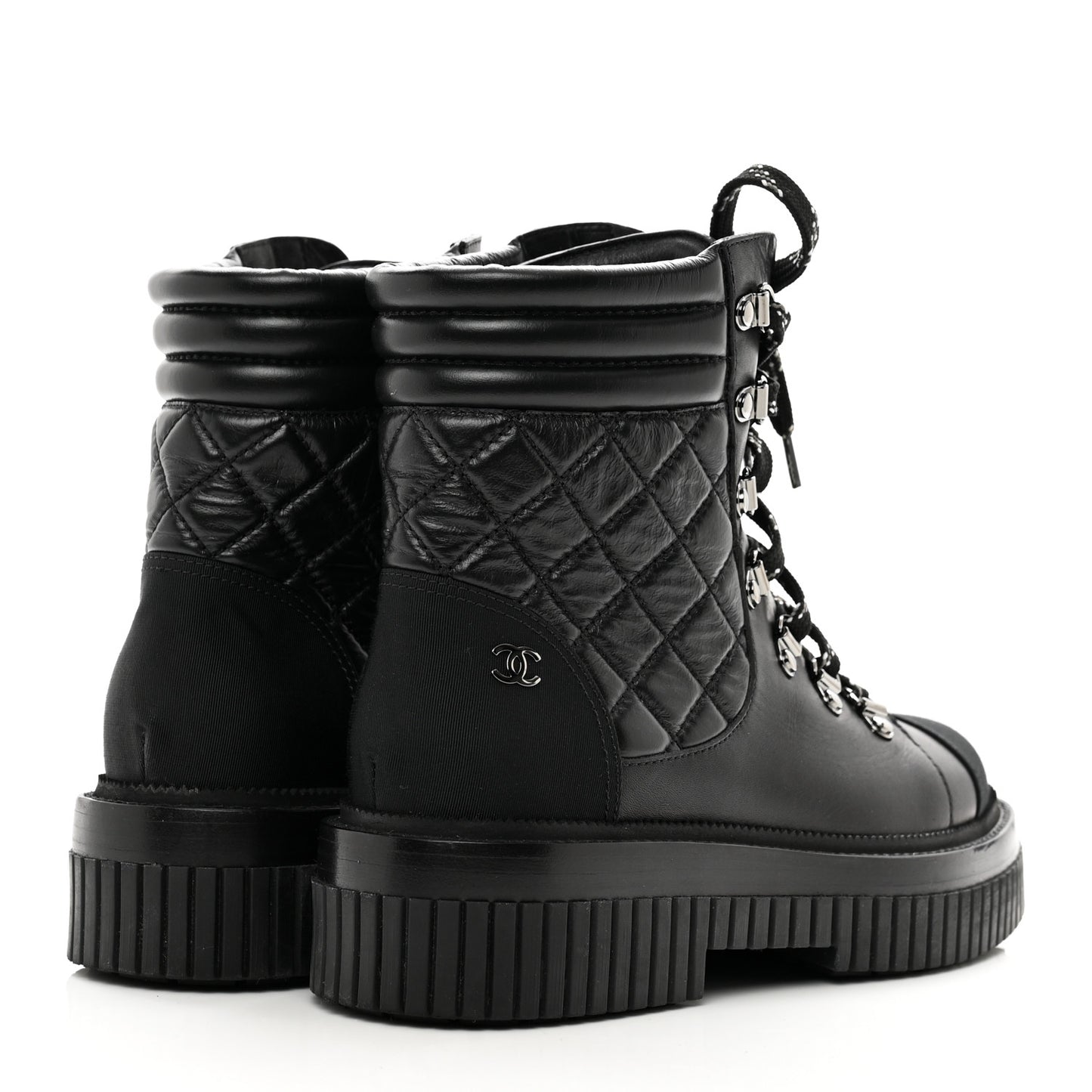 Calfskin Grosgrain Quilted Lace Up Boots 37.5 Black Grey