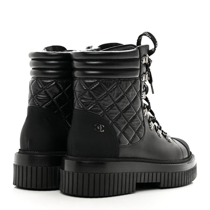 Chanel Calfskin Grosgrain Quilted Lace Up Boots 37.5 Black Grey 4 of 8