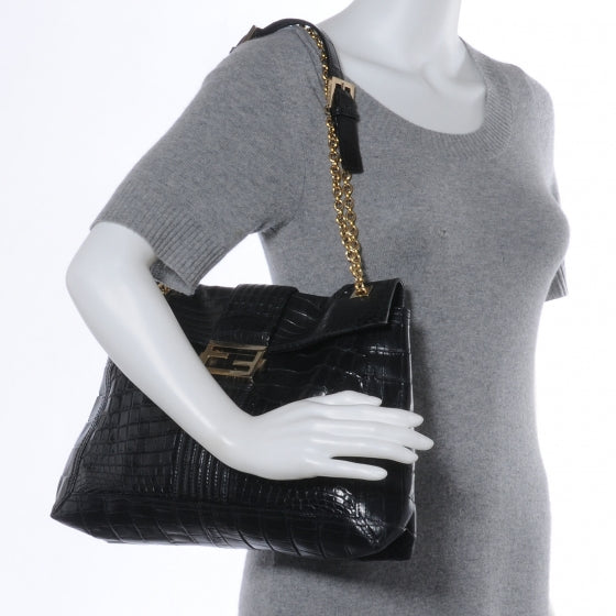 Calfskin Crocodile Embossed Maxi Baguette Black
