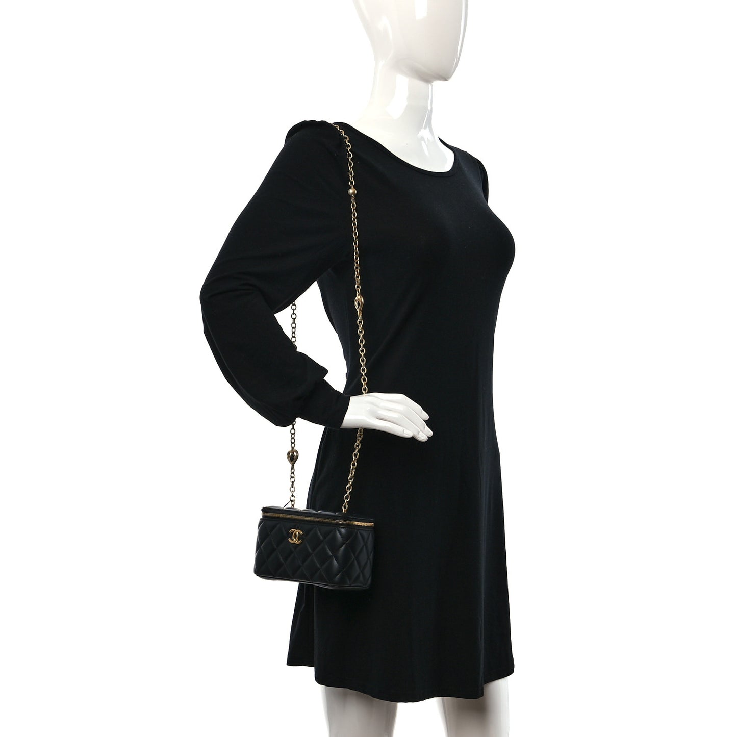 Lambskin Enamel Pearl Quilted Small Charm Me Vanity Case With Chain Black