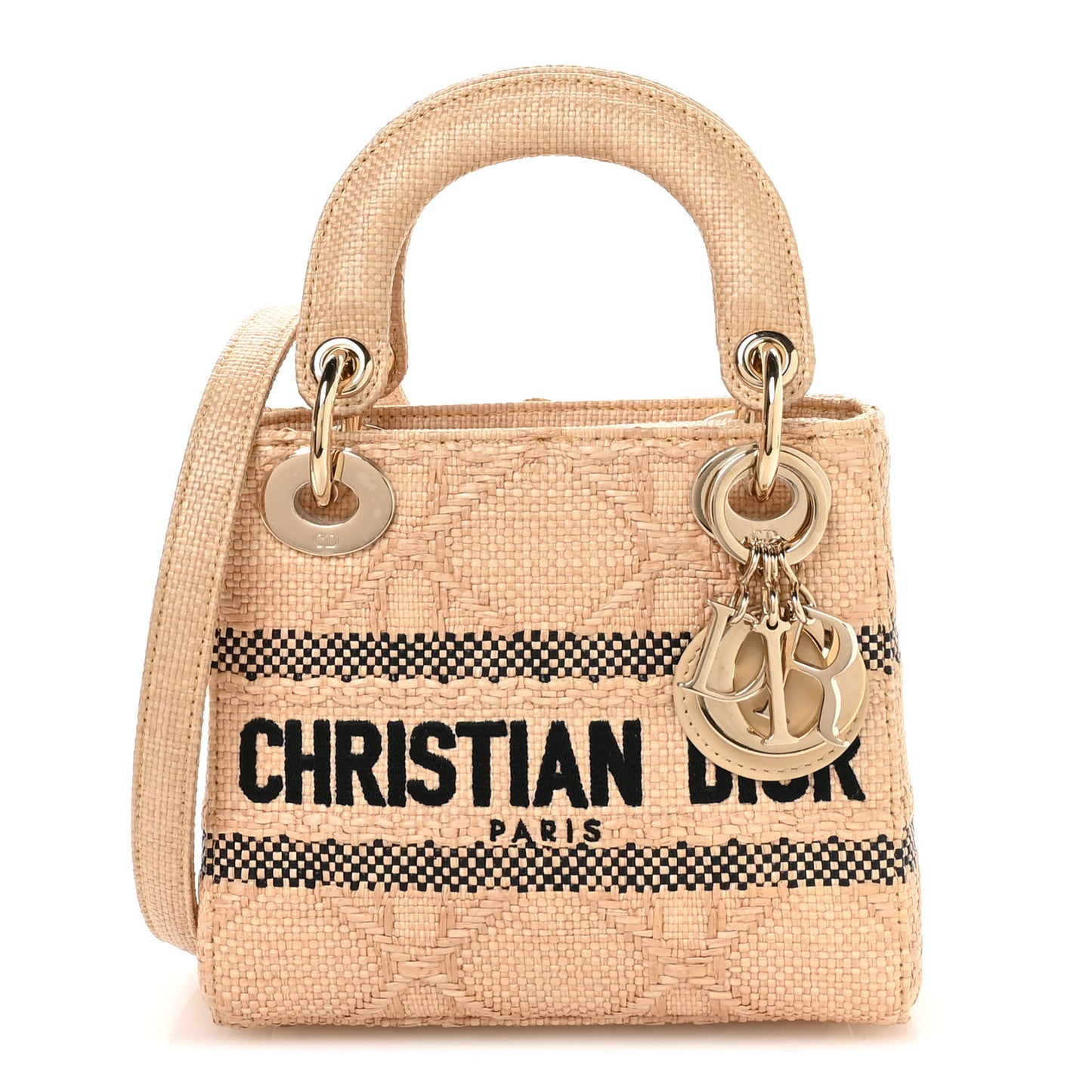 Raffia Woven Cannage Embroidered Mini Lady D-Lite Natural Black