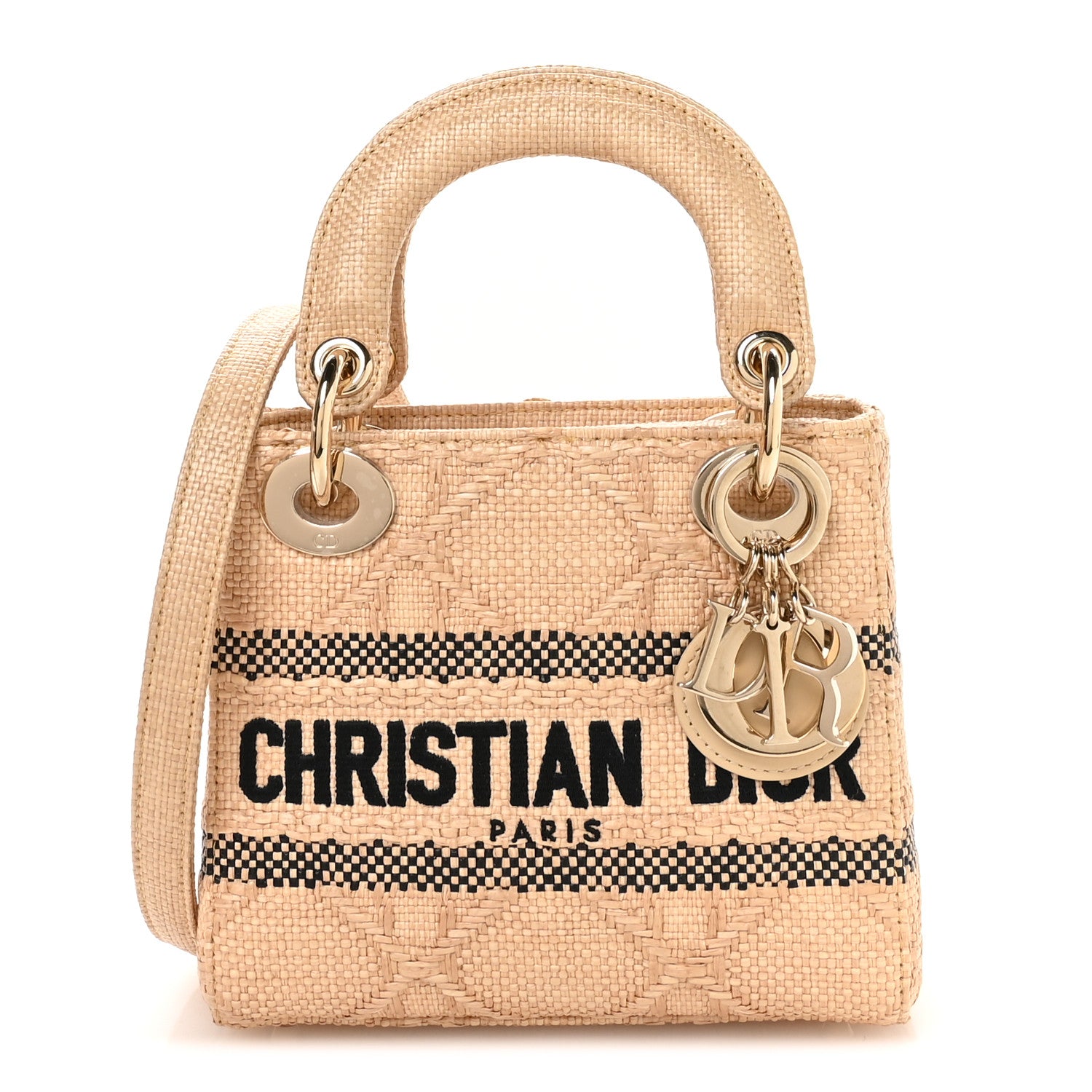 Christian Dior Raffia Woven Cannage Embroidered Mini Lady D-Lite Natural Black 1 of 10