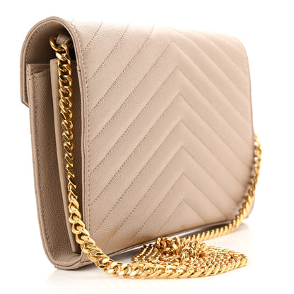 Saint Laurent Grain De Poudre Matelasse Chevron Monogram Chain Wallet Dark Beige 3 of 10