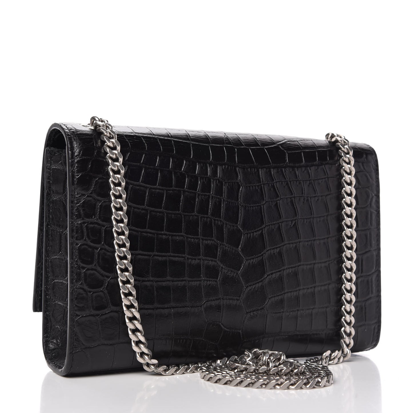 Calfskin Crocodile Embossed Small Classic Monogram Kate Tassel Satchel Black