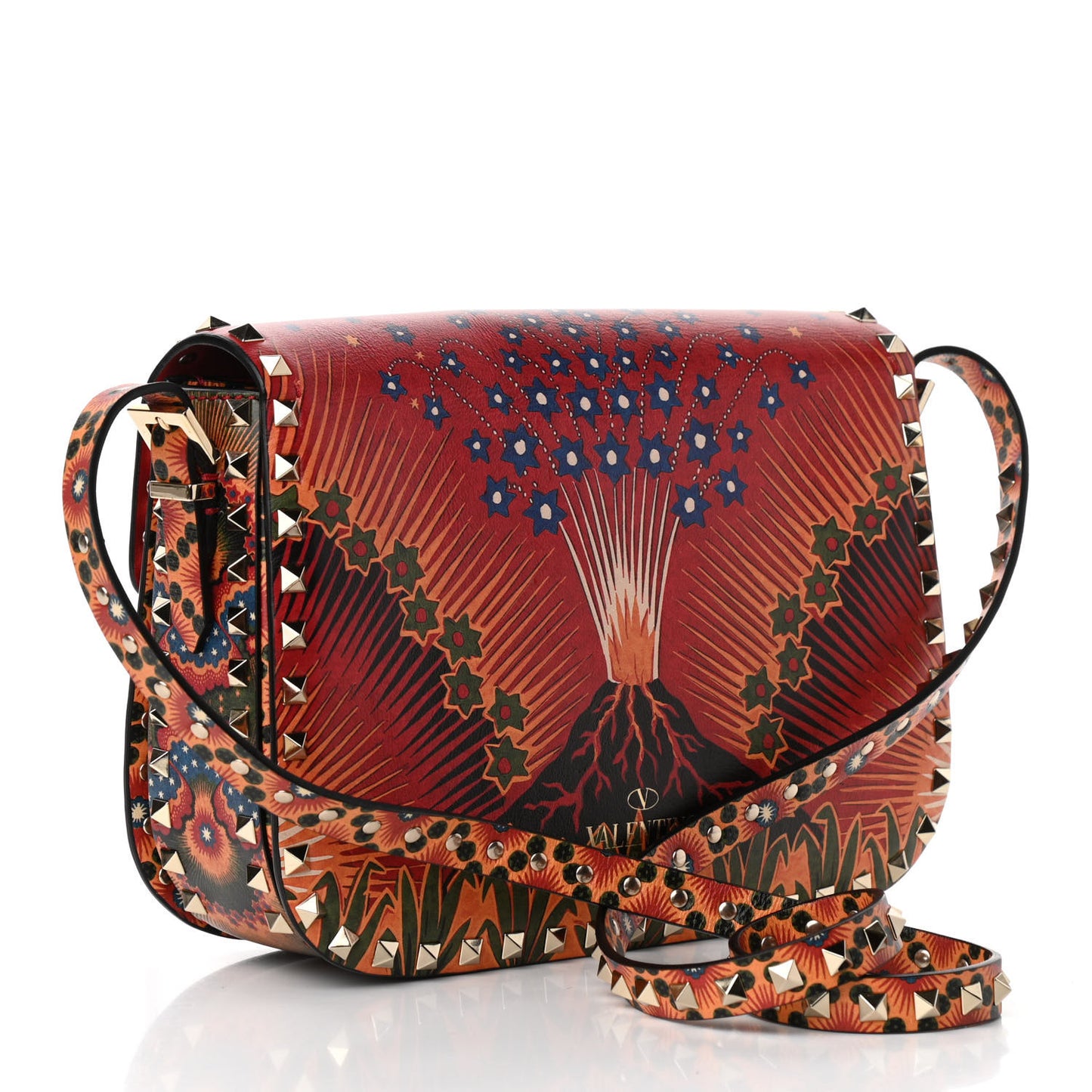 Vitello Enchanted Wonderland Medium Rockstud Flap Saddle Bag Rosso Valentino