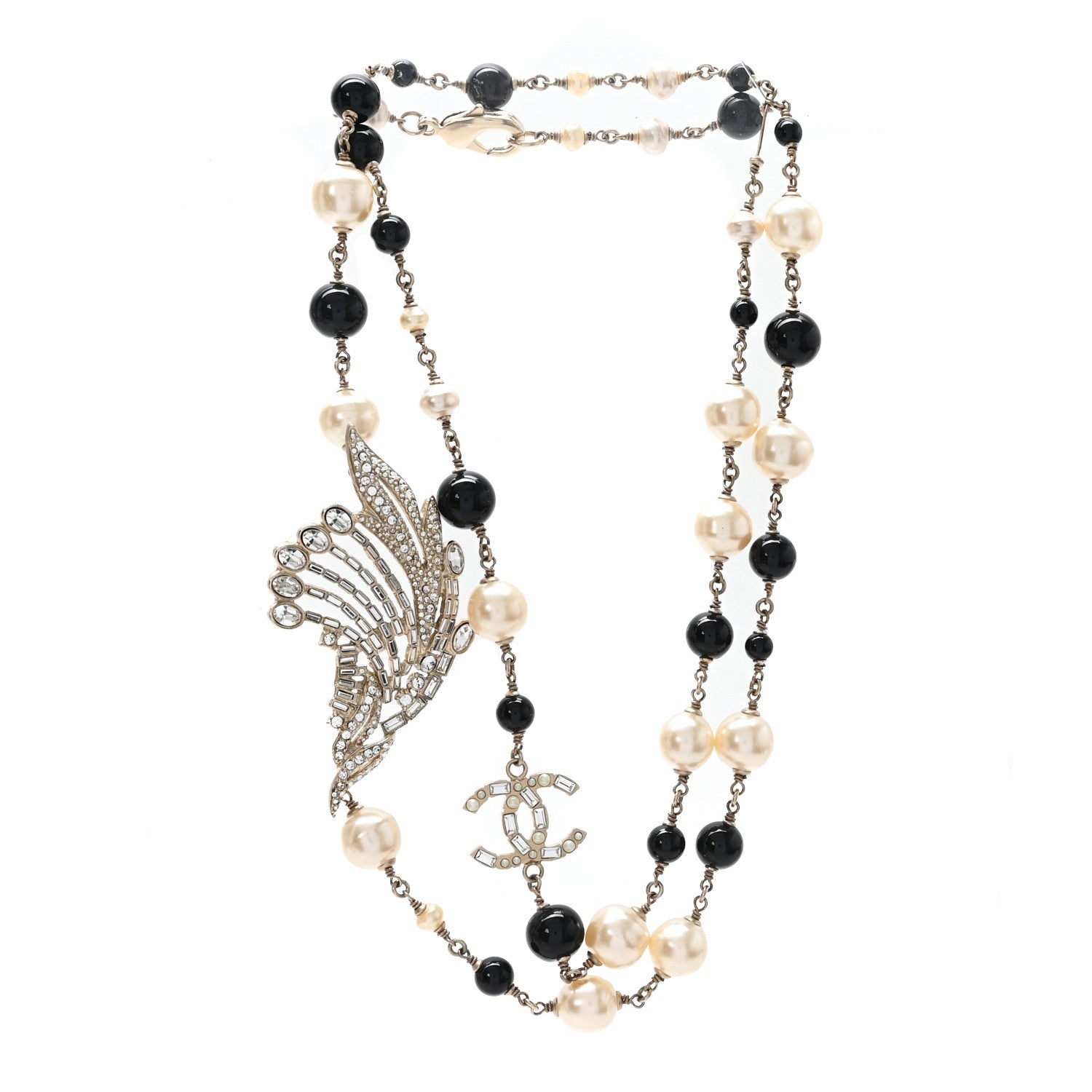 Chanel Pearl Crystal Baguette Beaded Wing Long Necklace Black Gold 3 of 5