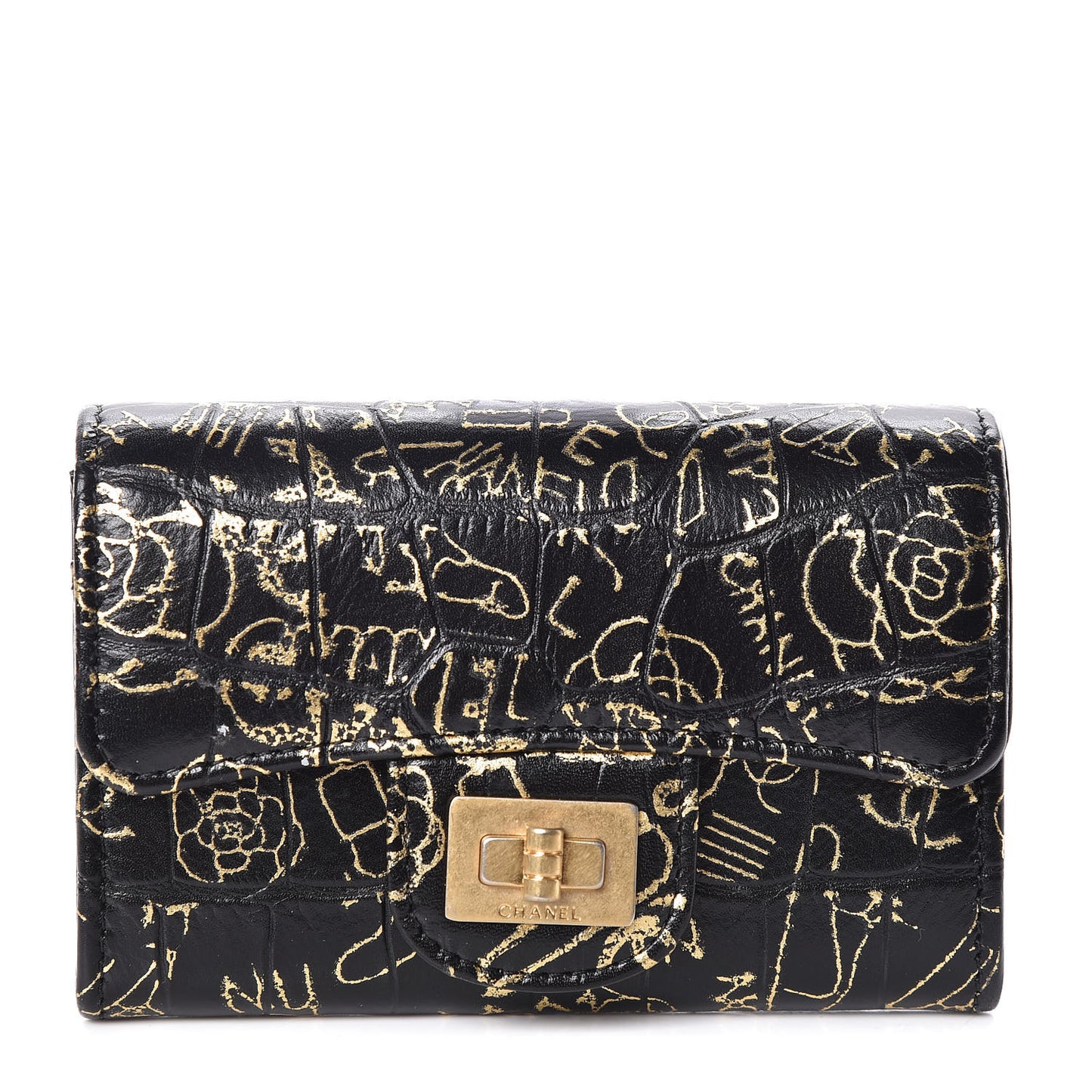 Calfskin Crocodile Embossed Graffiti 2.55 Cocodile Reissue Flap Card Holder Black Gold