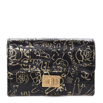 Chanel Calfskin Crocodile Embossed Graffiti 2.55 Cocodile Reissue Flap Card Holder Black Gold 1 of 9