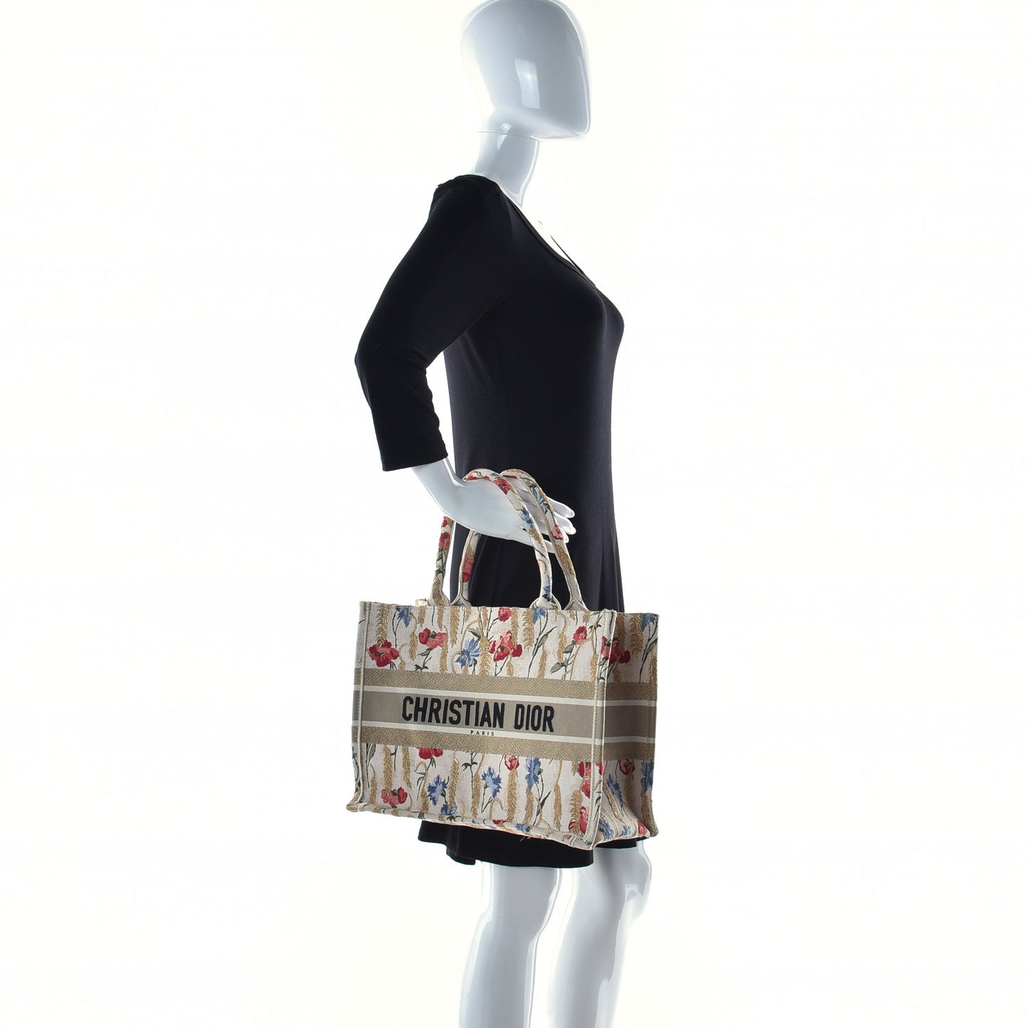 Canvas Embroidered Medium Hibiscus Book Tote Beige Multicolor