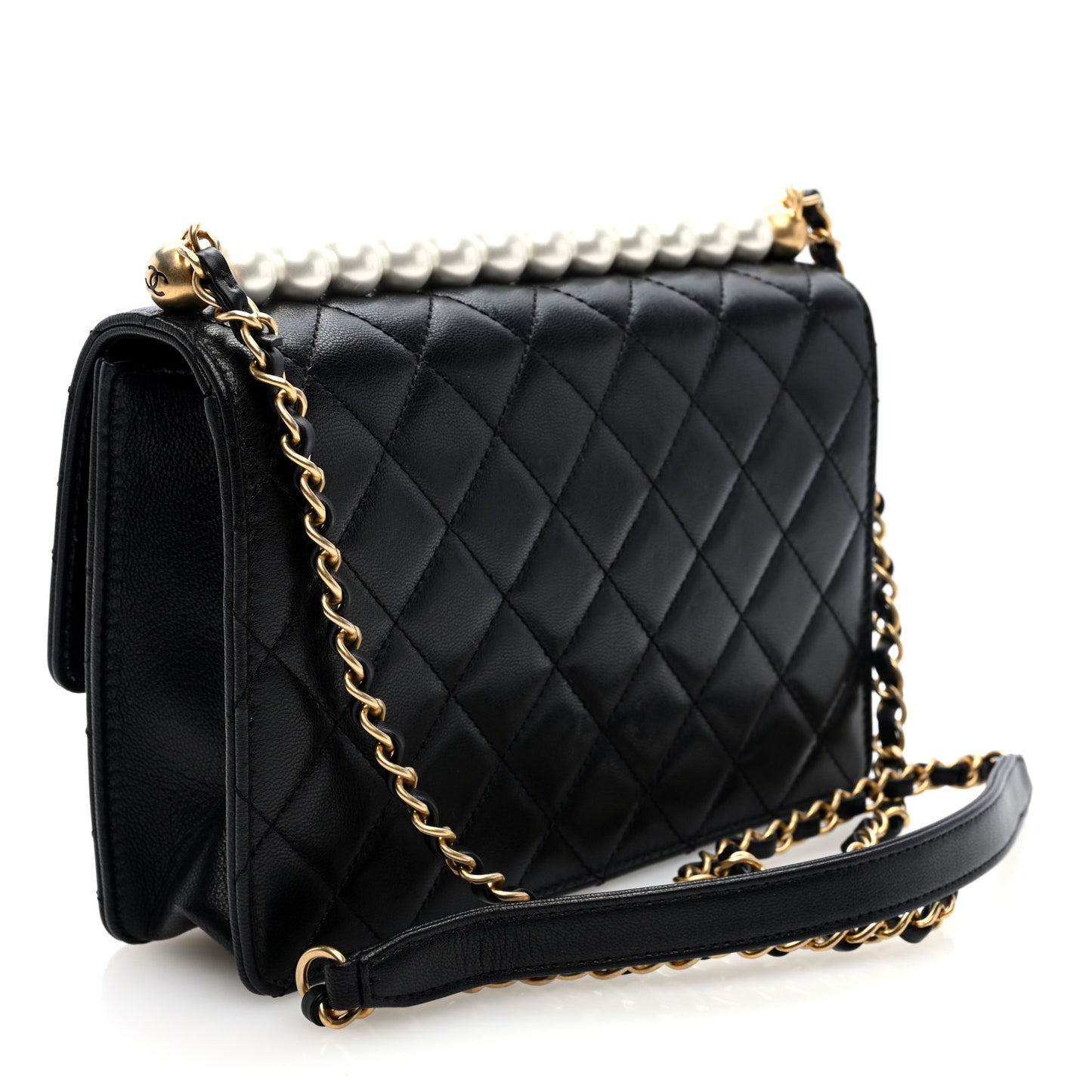 Goatskin Quilted Small Chic Pearls Flap Black