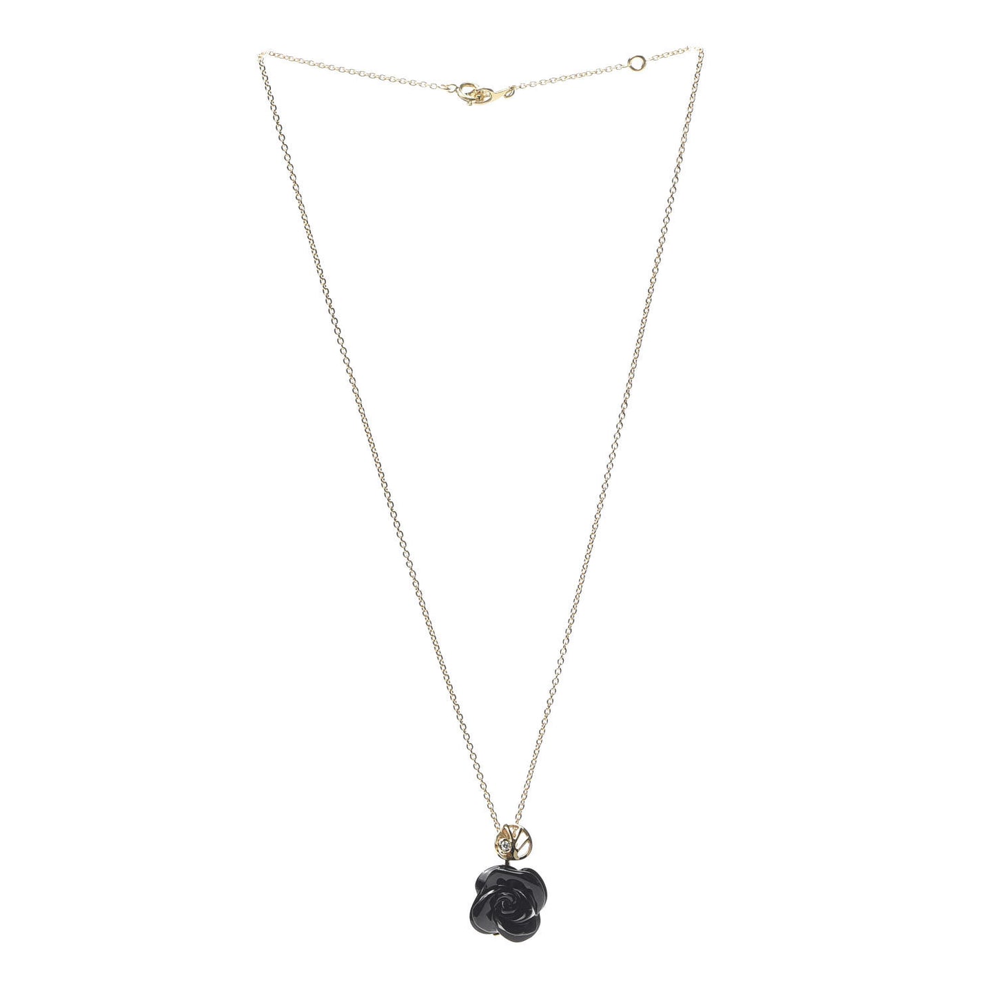18K Yellow Gold Diamond Black Onyx Rose Pre Catelan Pendant Necklace