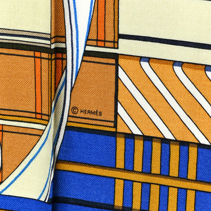 Hermes Cashmere Silk Voltes Et Pirouettes Shawl 140 Bleu Marine Gold White 4 of 5