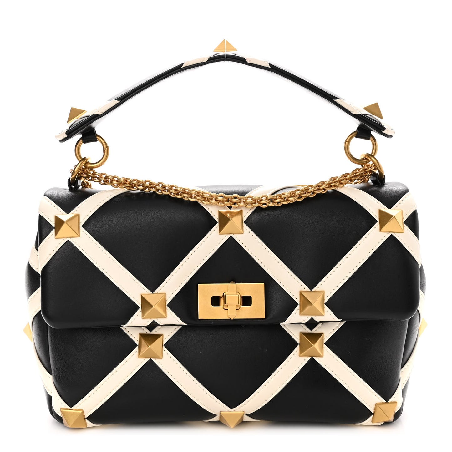 Nappa Large Roman Stud Shoulder Bag Black White