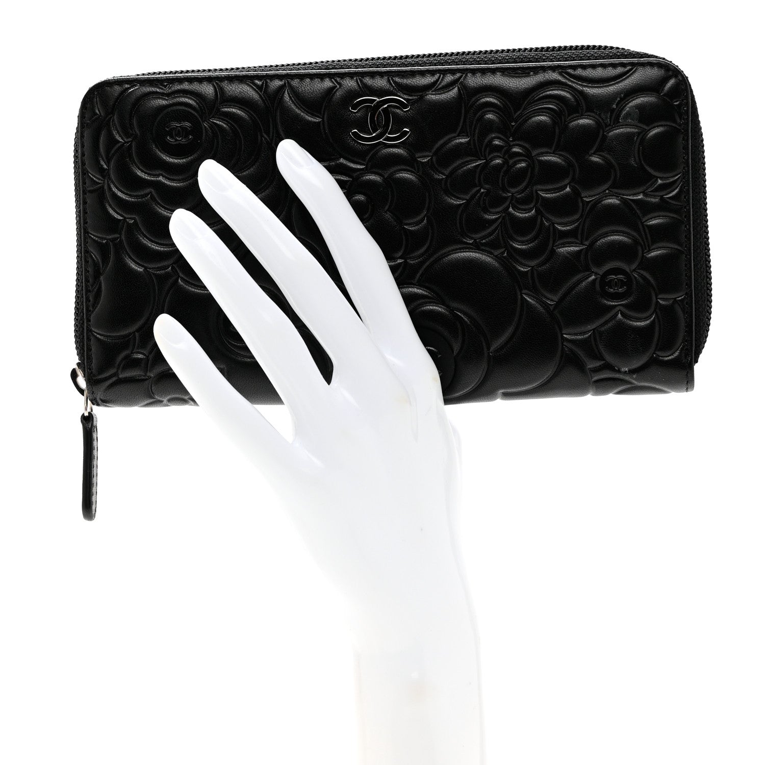 Chanel Lambskin Camellia Embossed Zip Around Gusset Wallet Black 2 of 9
