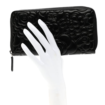 Chanel Lambskin Camellia Embossed Zip Around Gusset Wallet Black 2 of 9