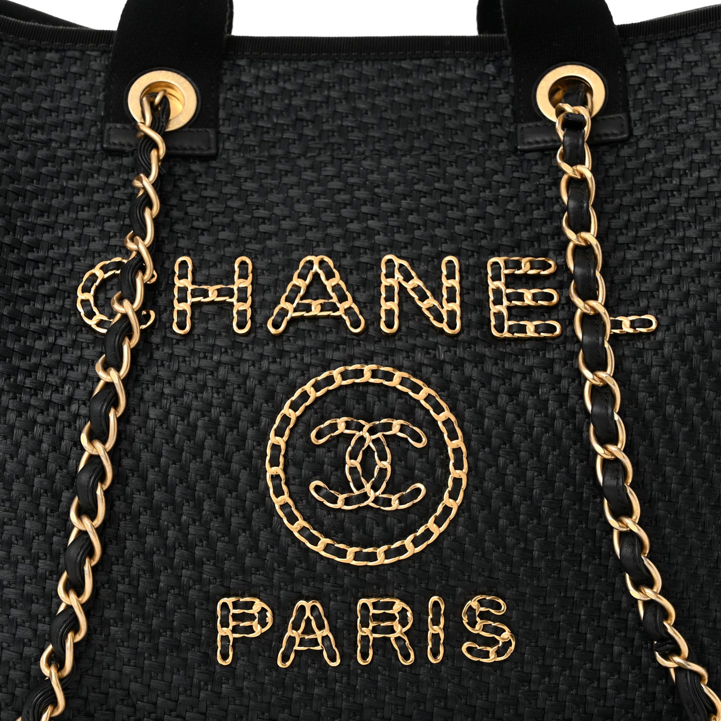 Straw Raffia Calfskin Chain Medium Deauville Tote Black