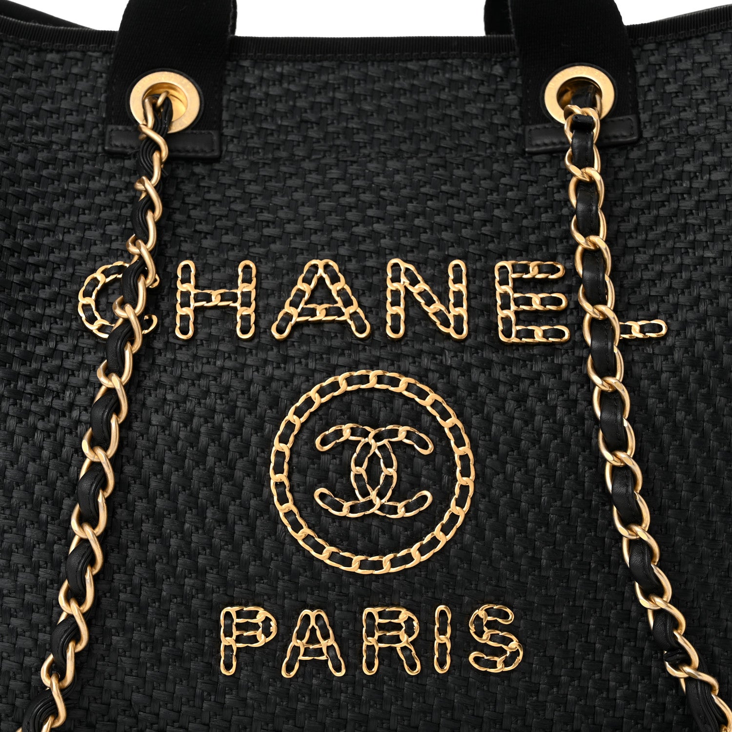 Chanel Straw Raffia Calfskin Chain Medium Deauville Tote Black 8 of 12