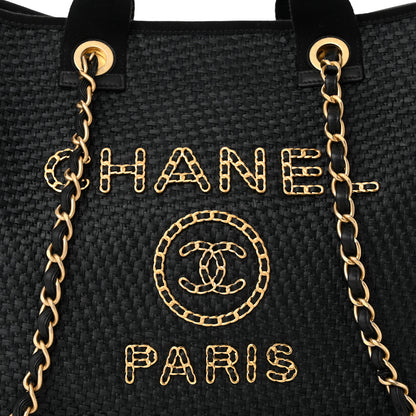 Chanel Straw Raffia Calfskin Chain Medium Deauville Tote Black 8 of 12