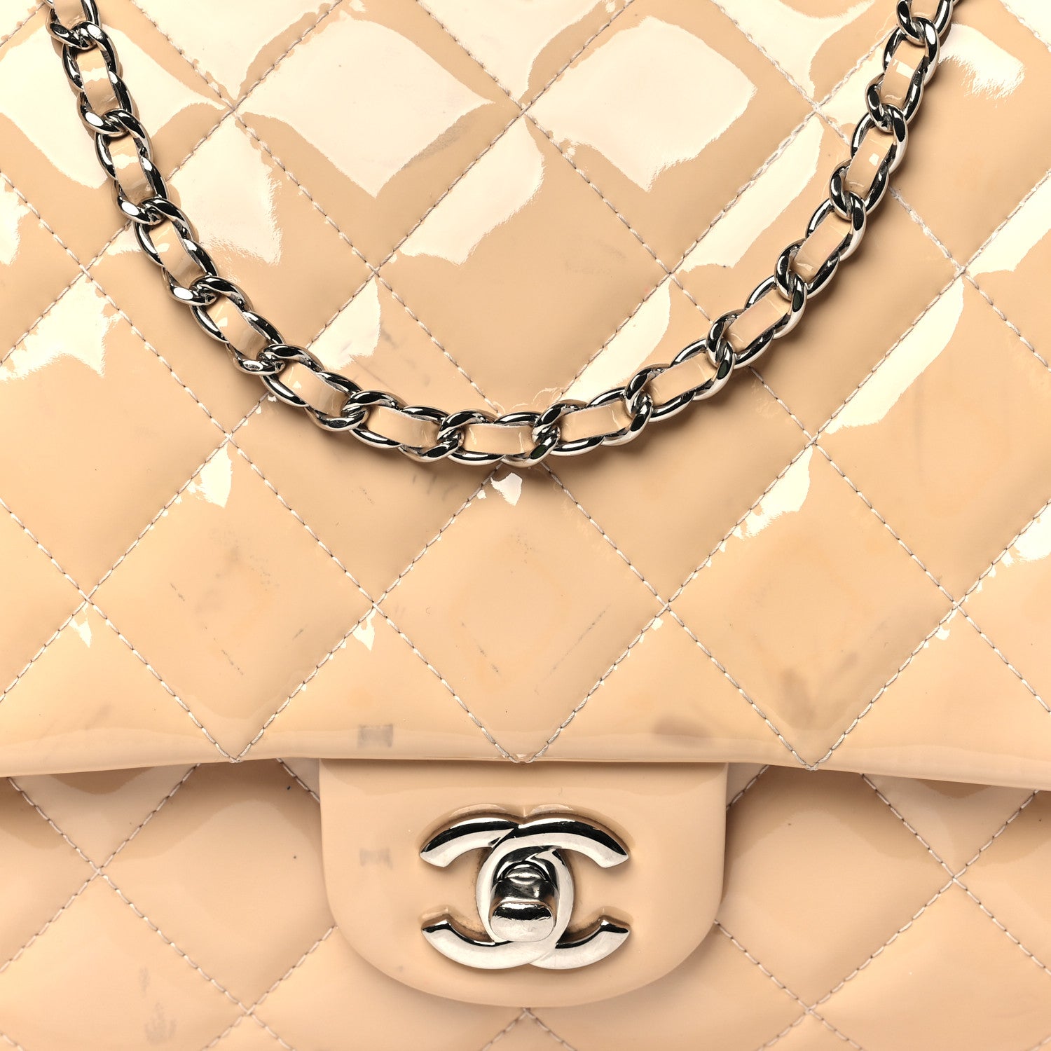 Chanel Patent Quilted Clutch with Chain Flap Beige 10 of 11