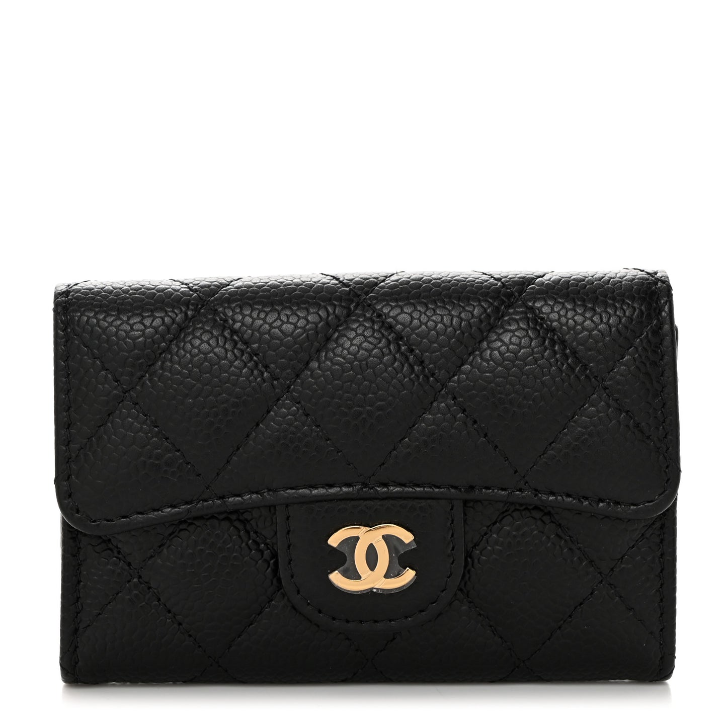 Caviar Quilted Flap Card Holder Wallet Black