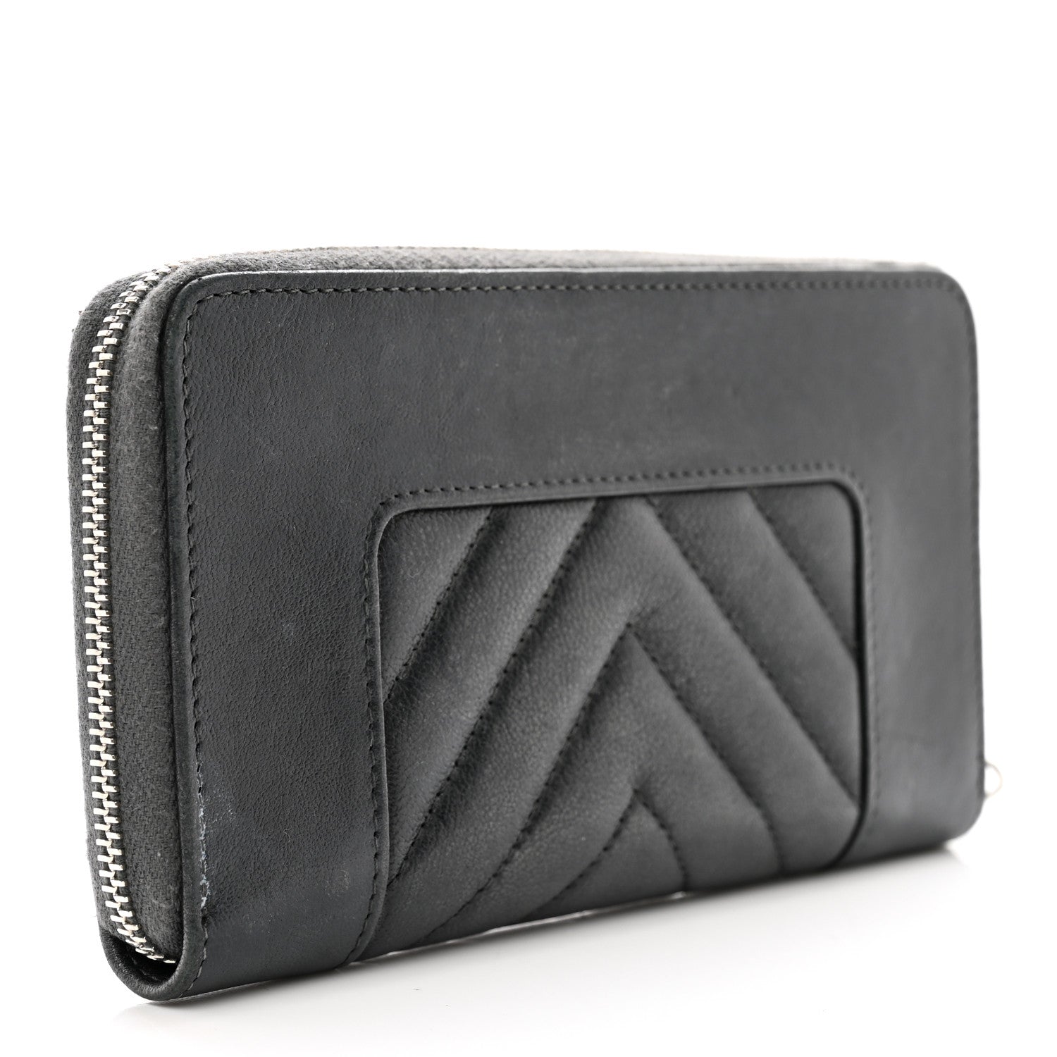 Chanel Sheepskin Chevron Quilted Mademoiselle Vintage Zip Around Wallet Grey 3 of 9