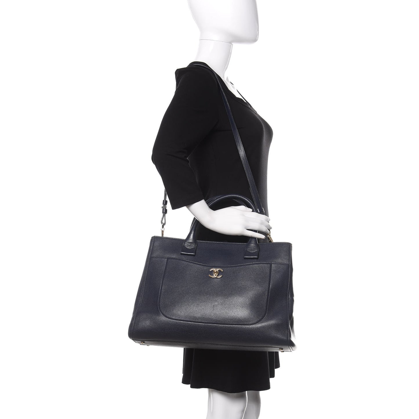 Grained Calfskin Large Neo Executive Shopper Tote Dark Blue