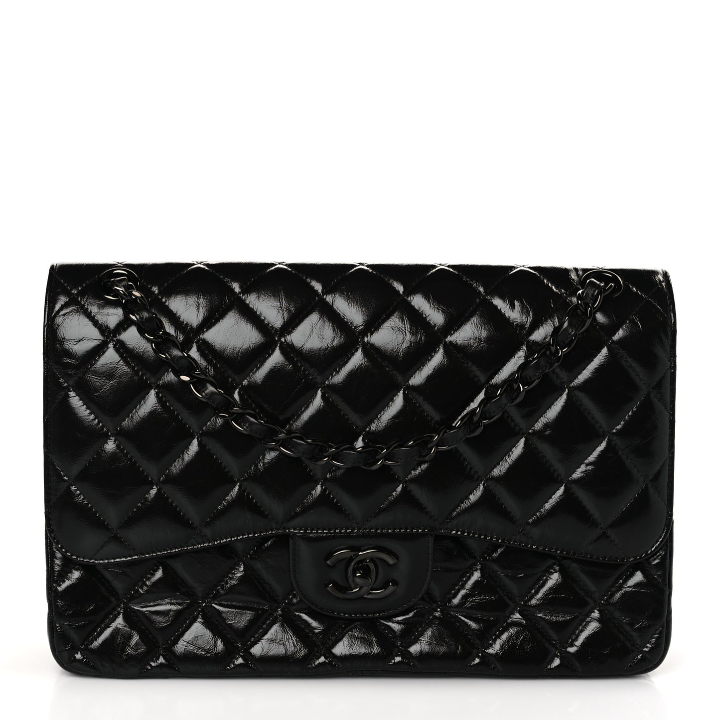 Shiny Distressed Calfskin Quilted Jumbo Double Flap So Black