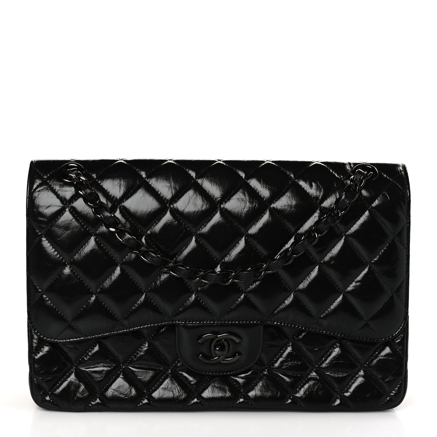 Chanel Shiny Distressed Calfskin Quilted Jumbo Double Flap So Black 1 of 8