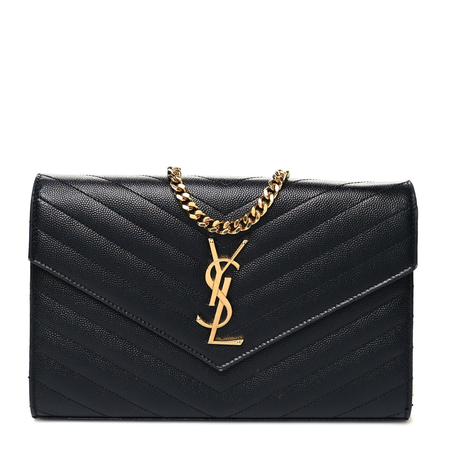 Saint Laurent Grain De Poudre Matelasse Chevron Monogram Chain Wallet Black 1 of 10