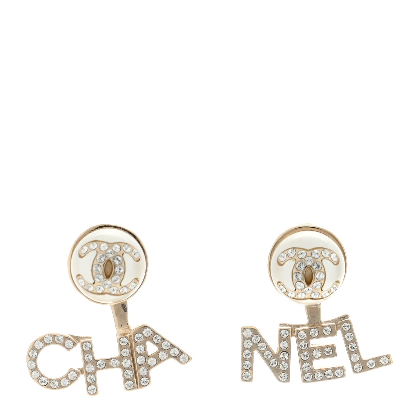 Crystal Pearl Cha-Nel Logo Earrings Gold