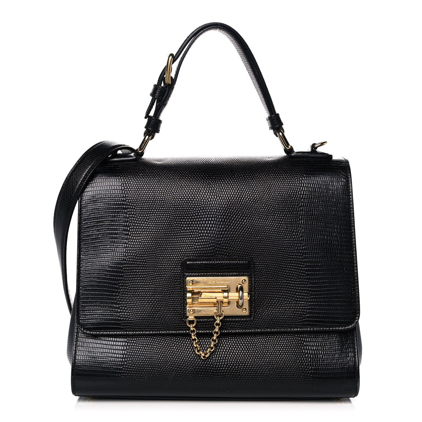 Lizard Calfskin Embossed Medium Monica Top Handle Bag Black