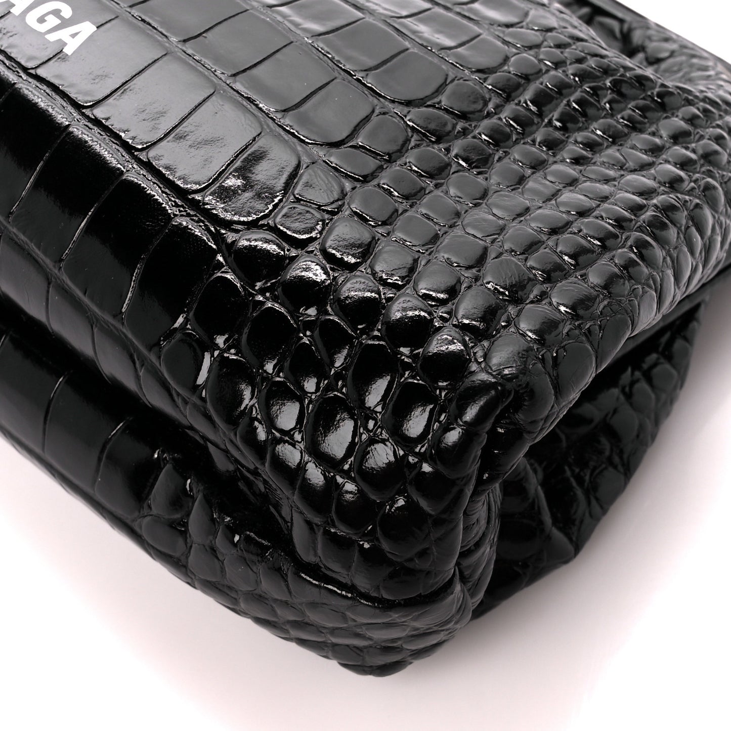 Shiny Supple Calfskin Logo Crocodile Embossed Cloud Crossbody Bag Black White