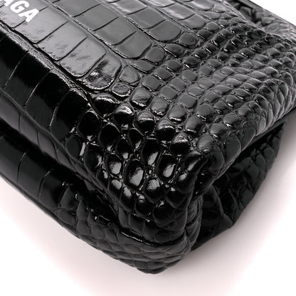 Balenciaga Shiny Supple Calfskin Logo Crocodile Embossed Cloud Crossbody Bag Black White 10 of 11