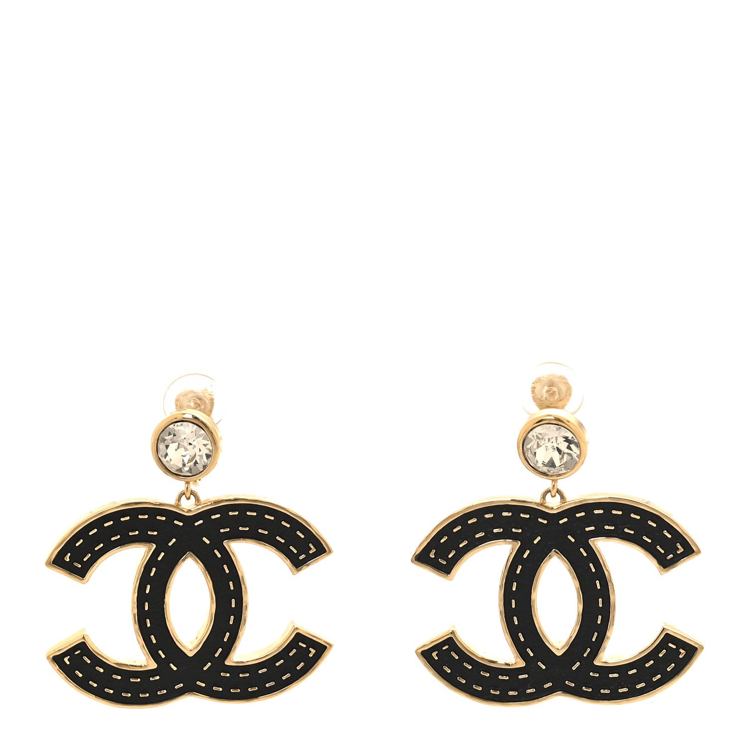 Chanel Metal Crystal CC Drop Clip On Earrings Gold Black 1 of 5
