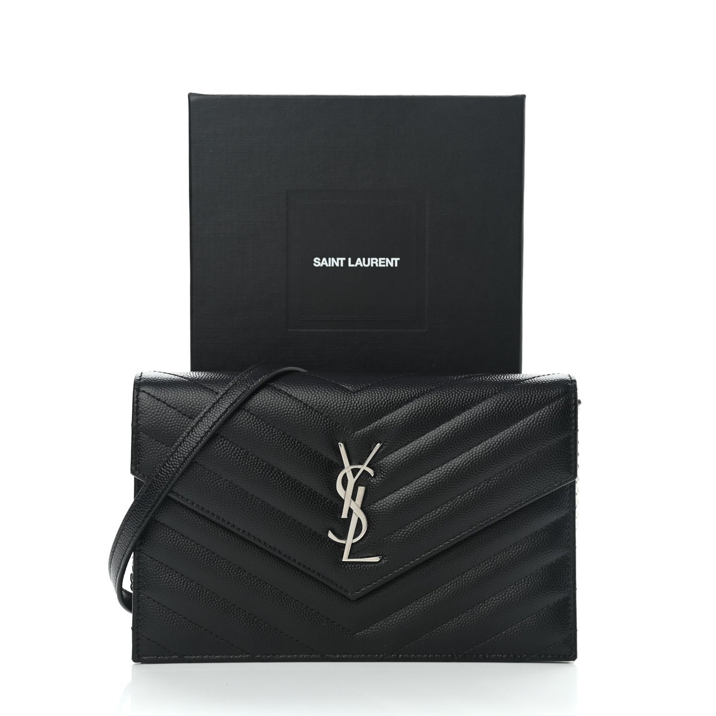 Grain De Poudre Matelasse Chevron Monogram Envelope Chain Wallet Black