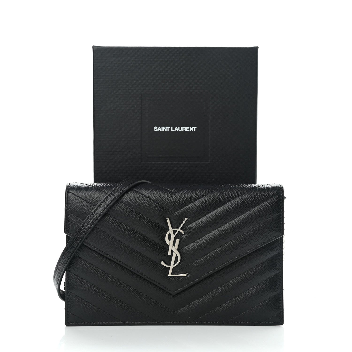 Saint Laurent Grain De Poudre Matelasse Chevron Monogram Envelope Chain Wallet Black 8 of 8
