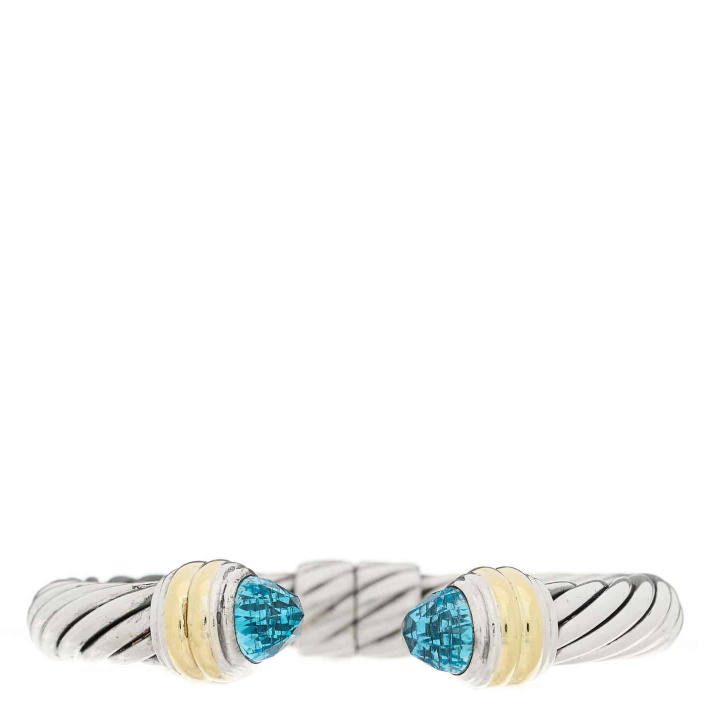 Sterling Silver 14K Yellow Gold Blue Topaz 10mm Cable Classics Hinged Bracelet