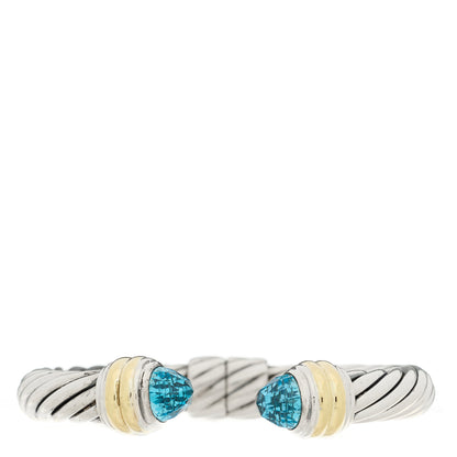 David Yurman Sterling Silver 14K Yellow Gold Blue Topaz 10mm Cable Classics Hinged Bracelet 1 of 3