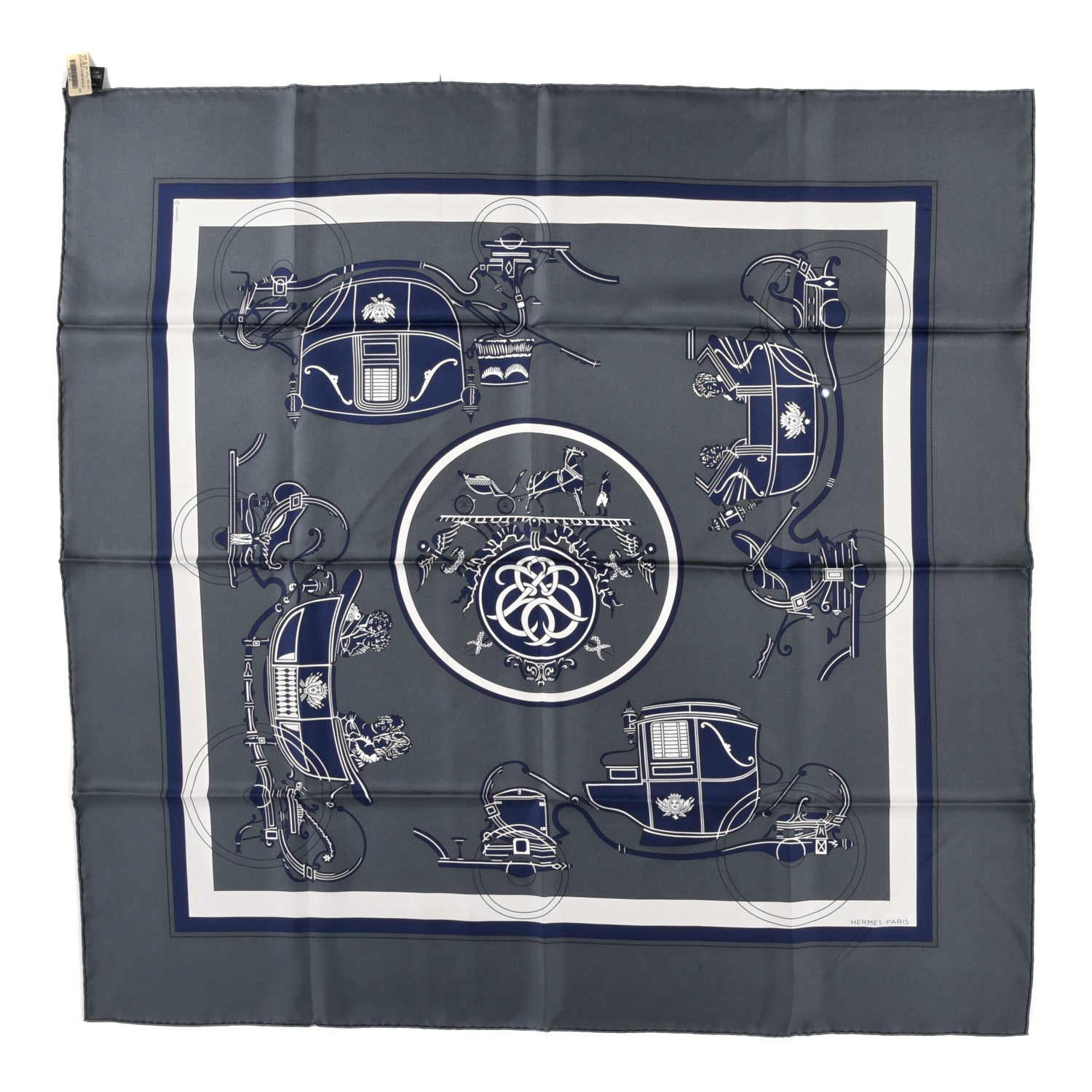 Hermes Silk Ex Libris Scarf 90 Anthracite Marine White 1 of 4