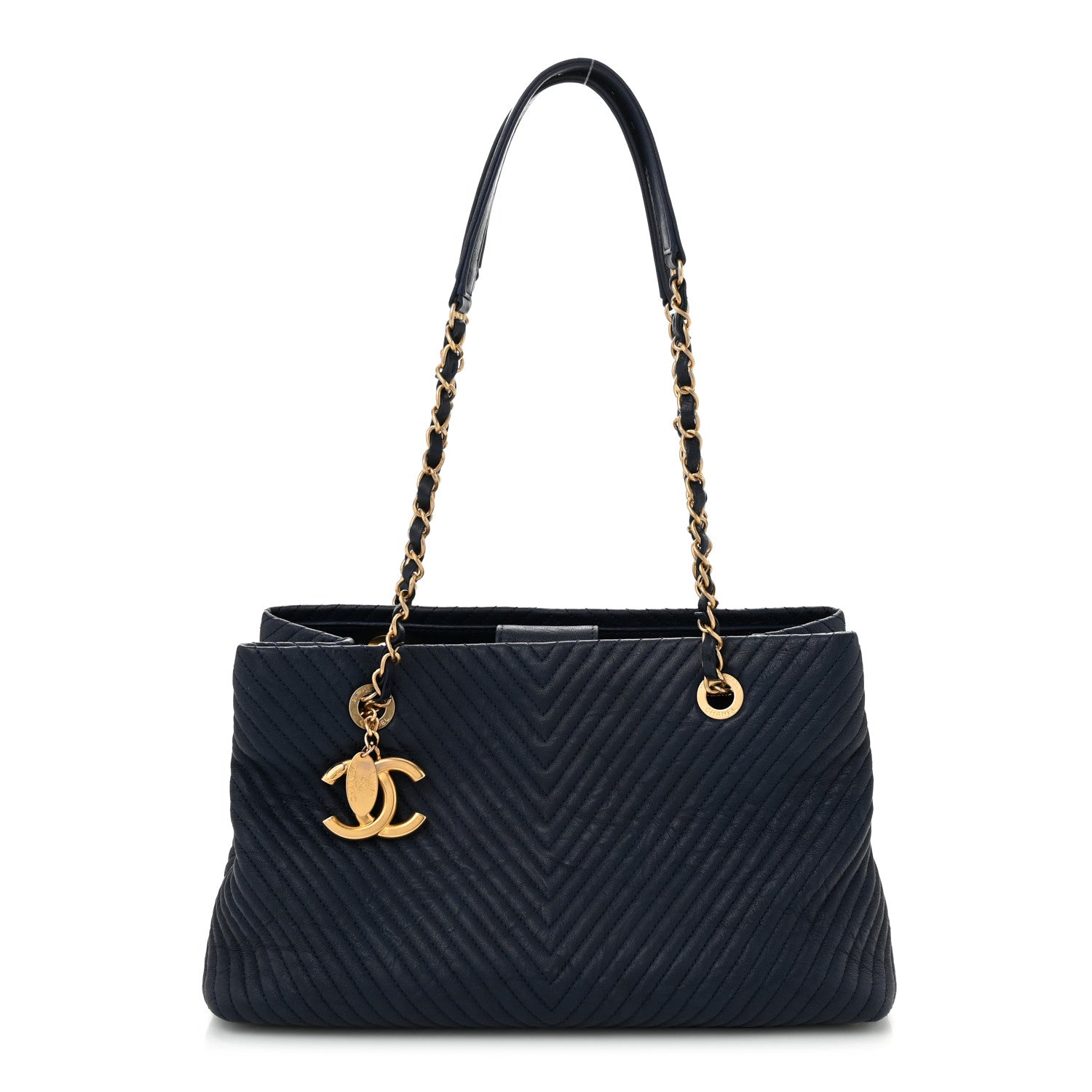 Chanel Wrinkled Lambskin Chevron Quilted Surpique Tote Navy Blue 1 of 11