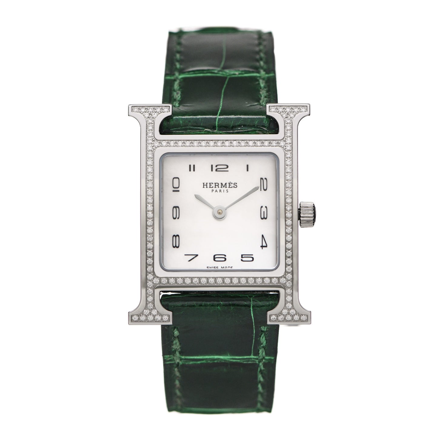 Stainless Steel Alligator Diamond Bezel Mother of Pearl 21mm Heure H Hour Quartz Watch Vert Moyen