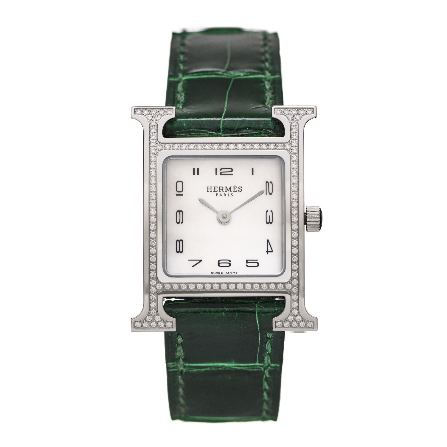 Hermes Stainless Steel Alligator Diamond Bezel Mother of Pearl 21mm Heure H Hour Quartz Watch Vert Moyen 1 of 5