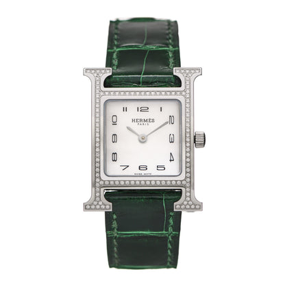 Hermes Stainless Steel Alligator Diamond Bezel Mother of Pearl 21mm Heure H Hour Quartz Watch Vert Moyen 1 of 5
