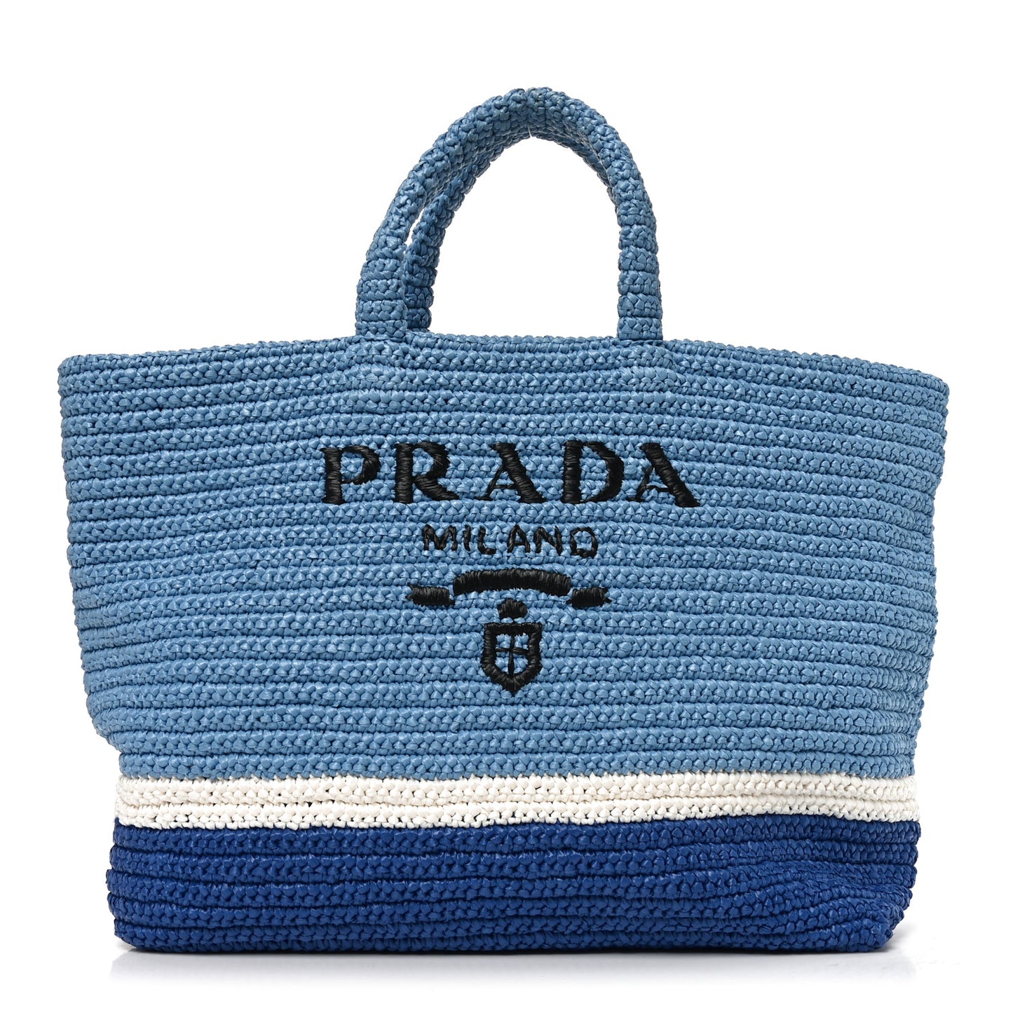 Yarn Raffia Effect Crochet Striped Large Logo Tote Celeste Blue