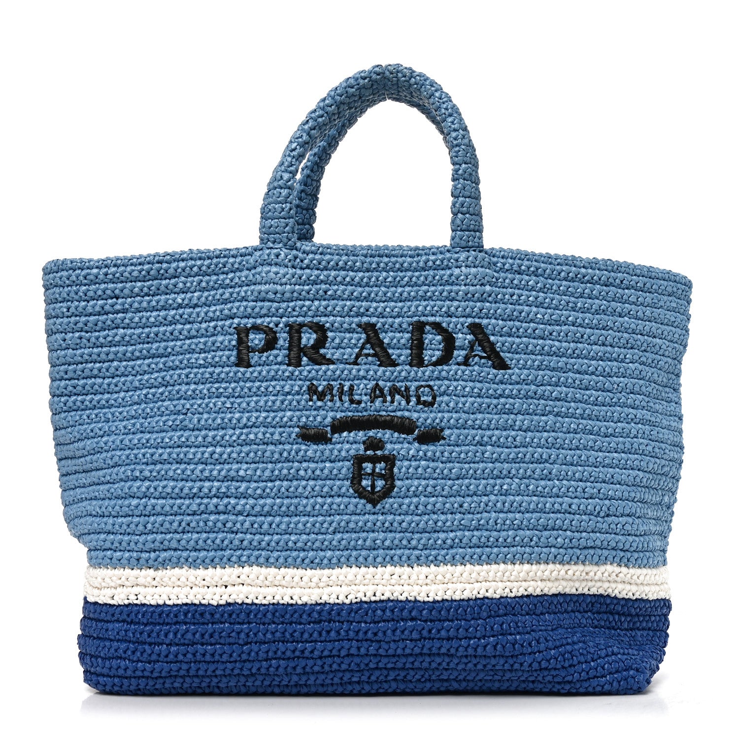Prada Yarn Raffia Effect Crochet Striped Large Logo Tote Celeste Blue 1 of 9